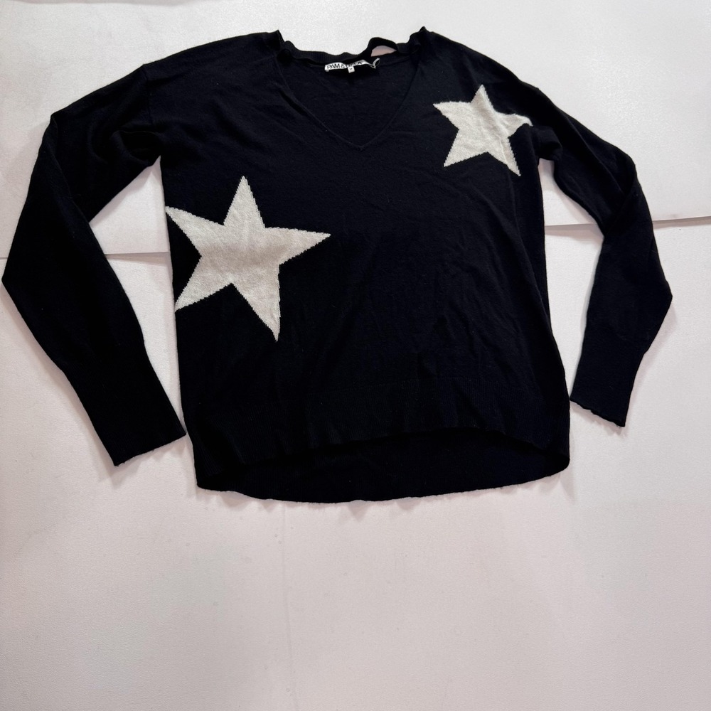 PAM & GELA Sweater Womens Medium Black Star Intarsia Wool Cashmere Knit Pullover
